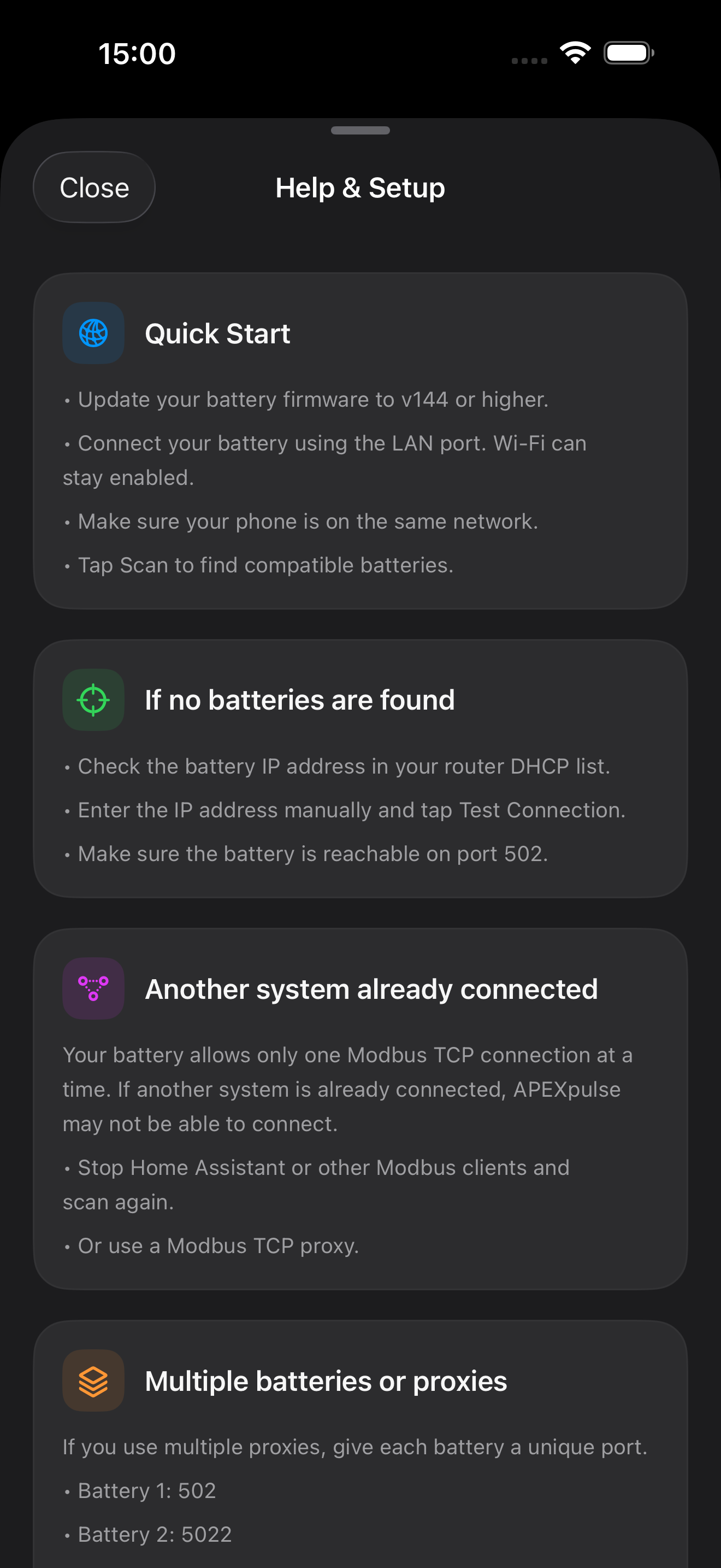 Help and setup screenshot