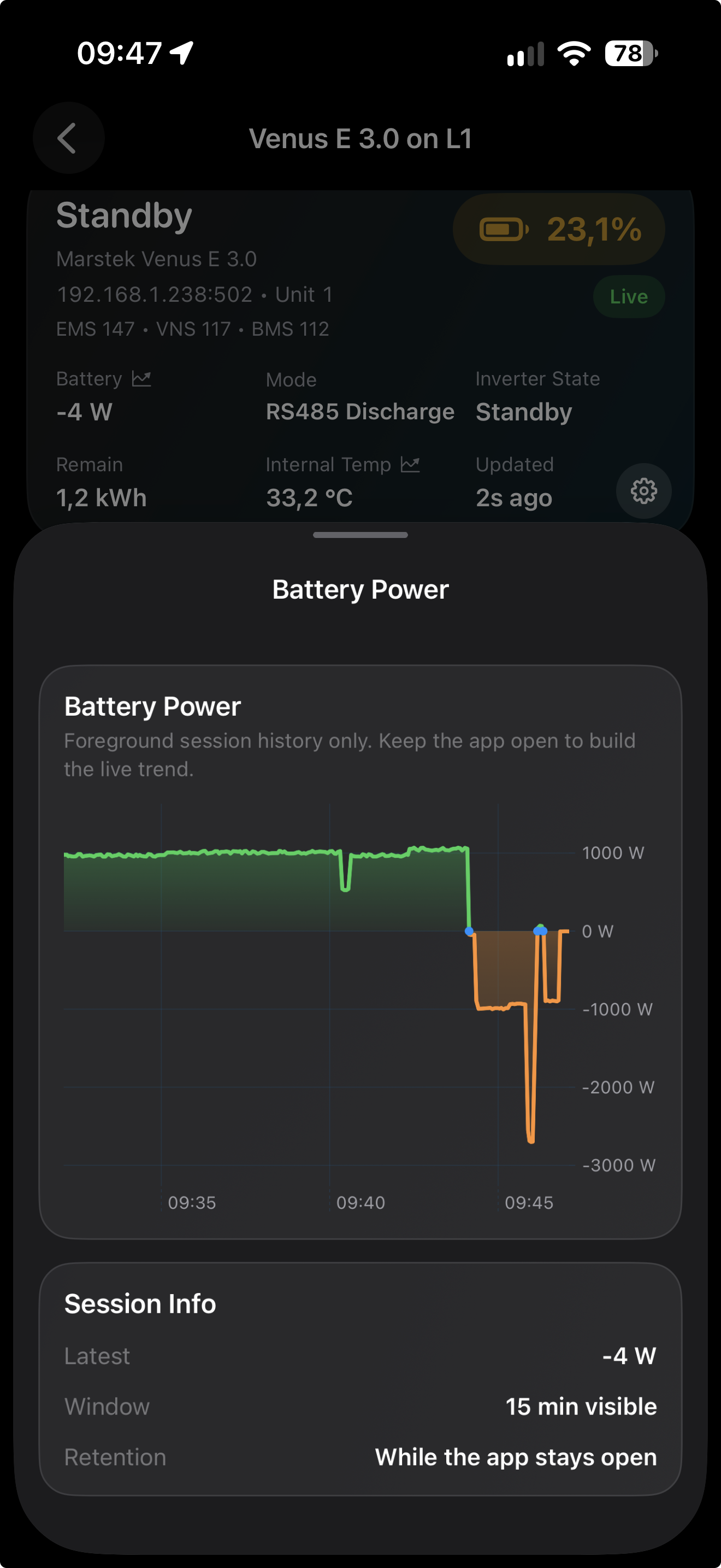 APEXpulse Battery Power graph showing live foreground session history and session information
