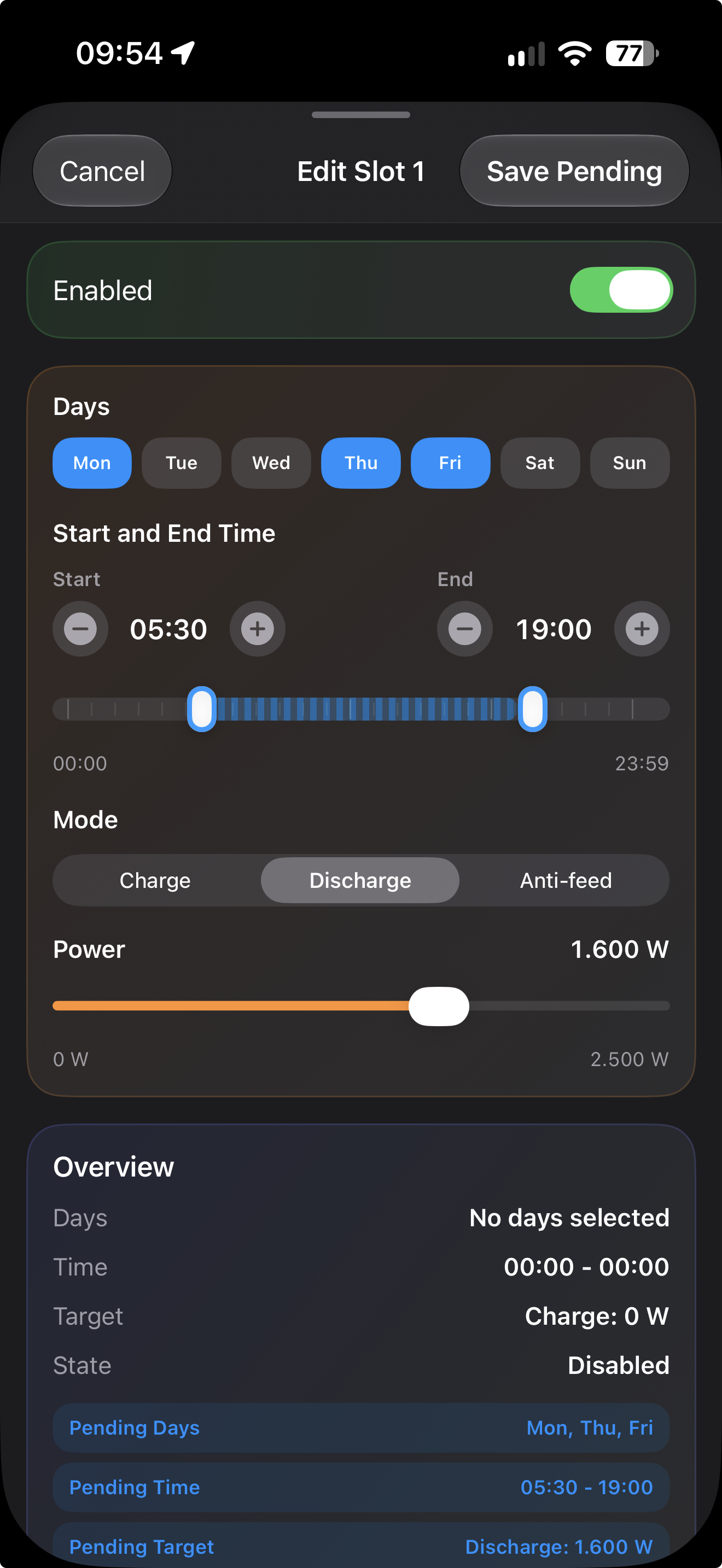 APEXpulse Schedule Editor showing selected days, time range, charge or discharge mode, and power setting